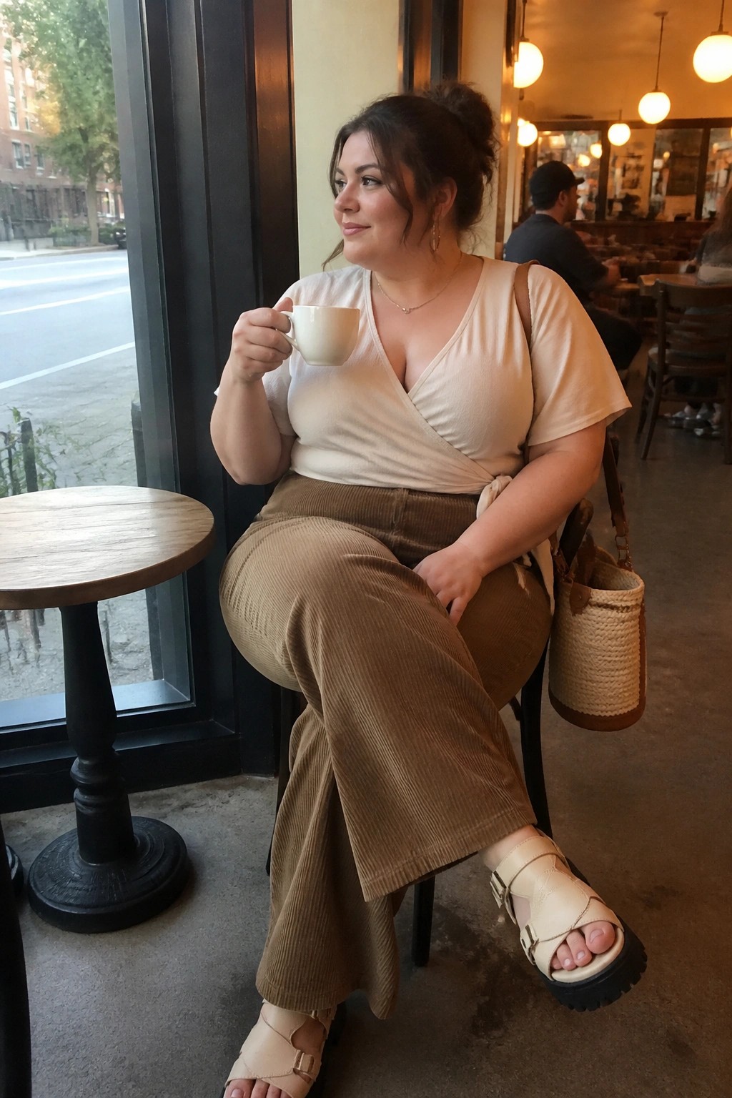 Woman in beige wrap top and brown corduroy pants holding white coffee cup in cafe