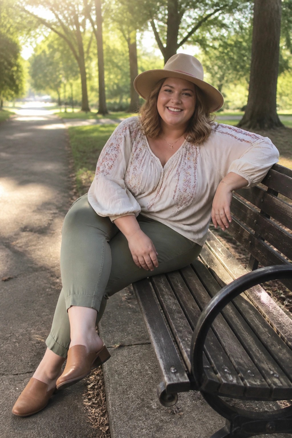 Plus size woman wearing a cream embroidered boho blouse tucked into sage green trousers with brown mules and a beige wide brim hat seated on a park bench.