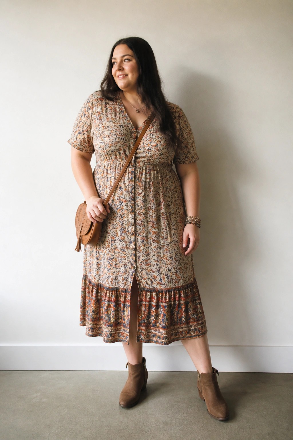 Plus-size woman in floral midi dress with brown crossbody bag and ankle boots