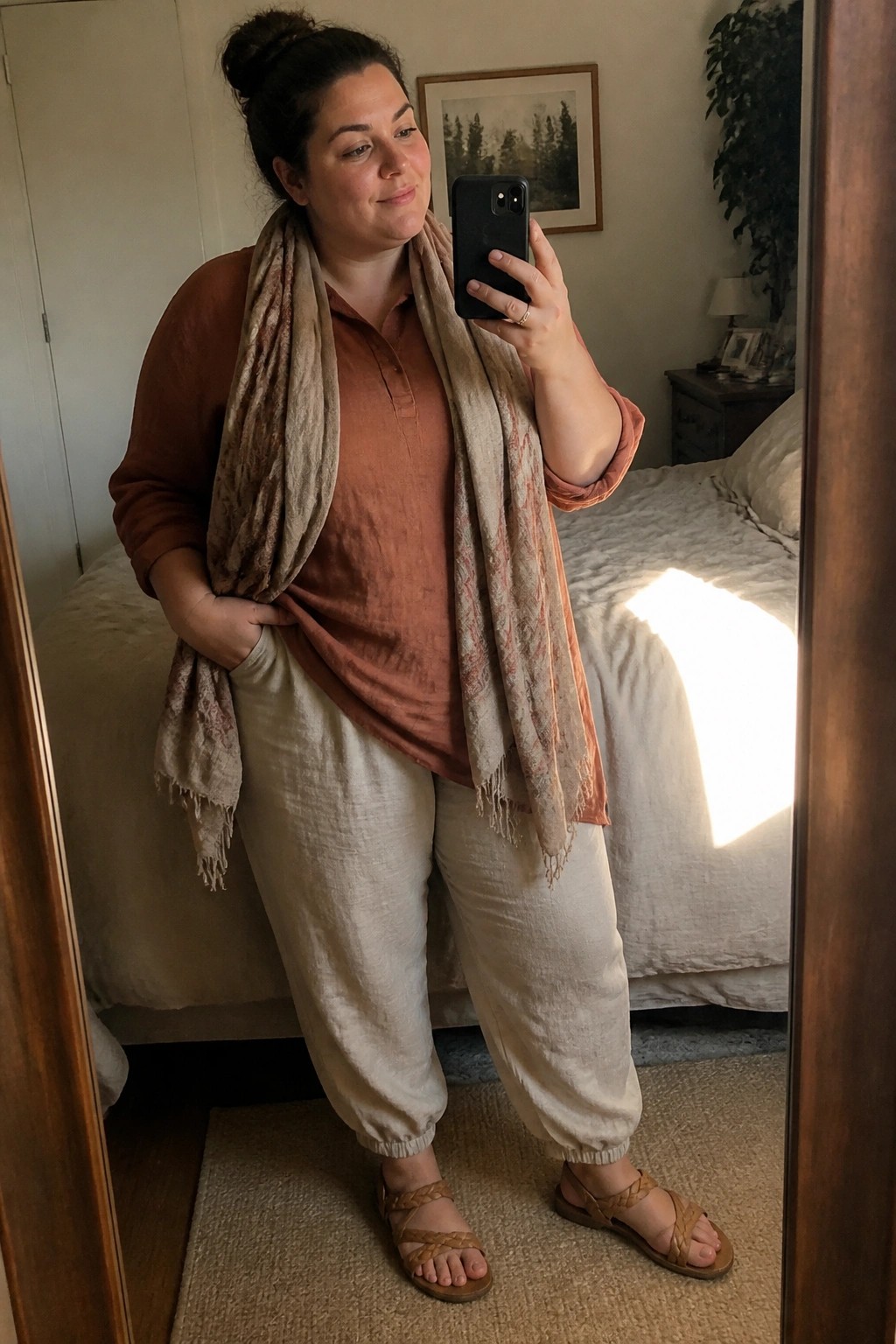 A plus size woman taking a mirror selfie in a rust orange henley top layered with a fringed patterned scarf beige linen jogger pants and brown braided sandals.