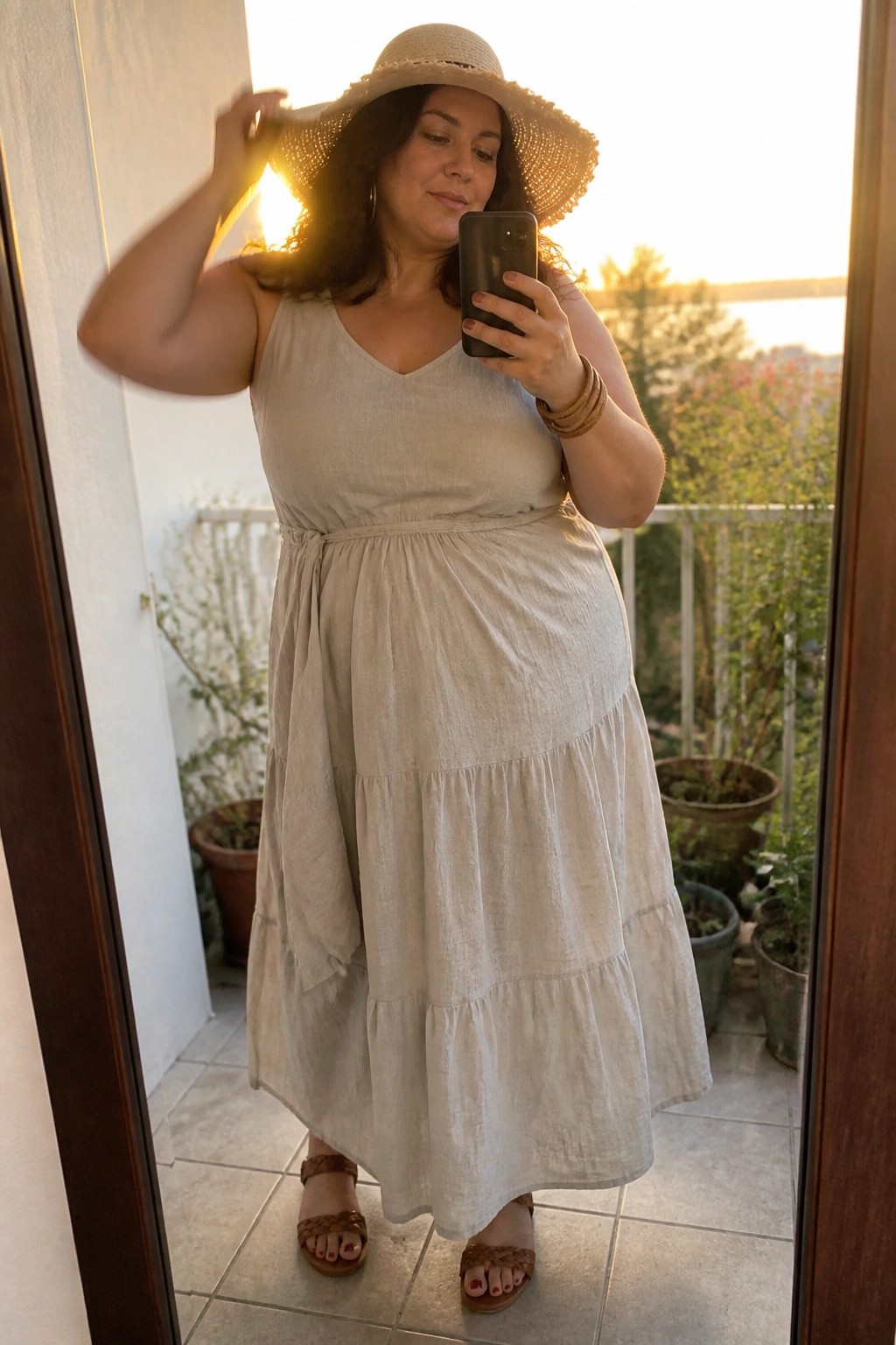 Woman wearing a beige tiered midi linen dress with waist tie, wide brim straw hat, brown braided sandals, and stacked bracelets while taking a mirror selfie.
