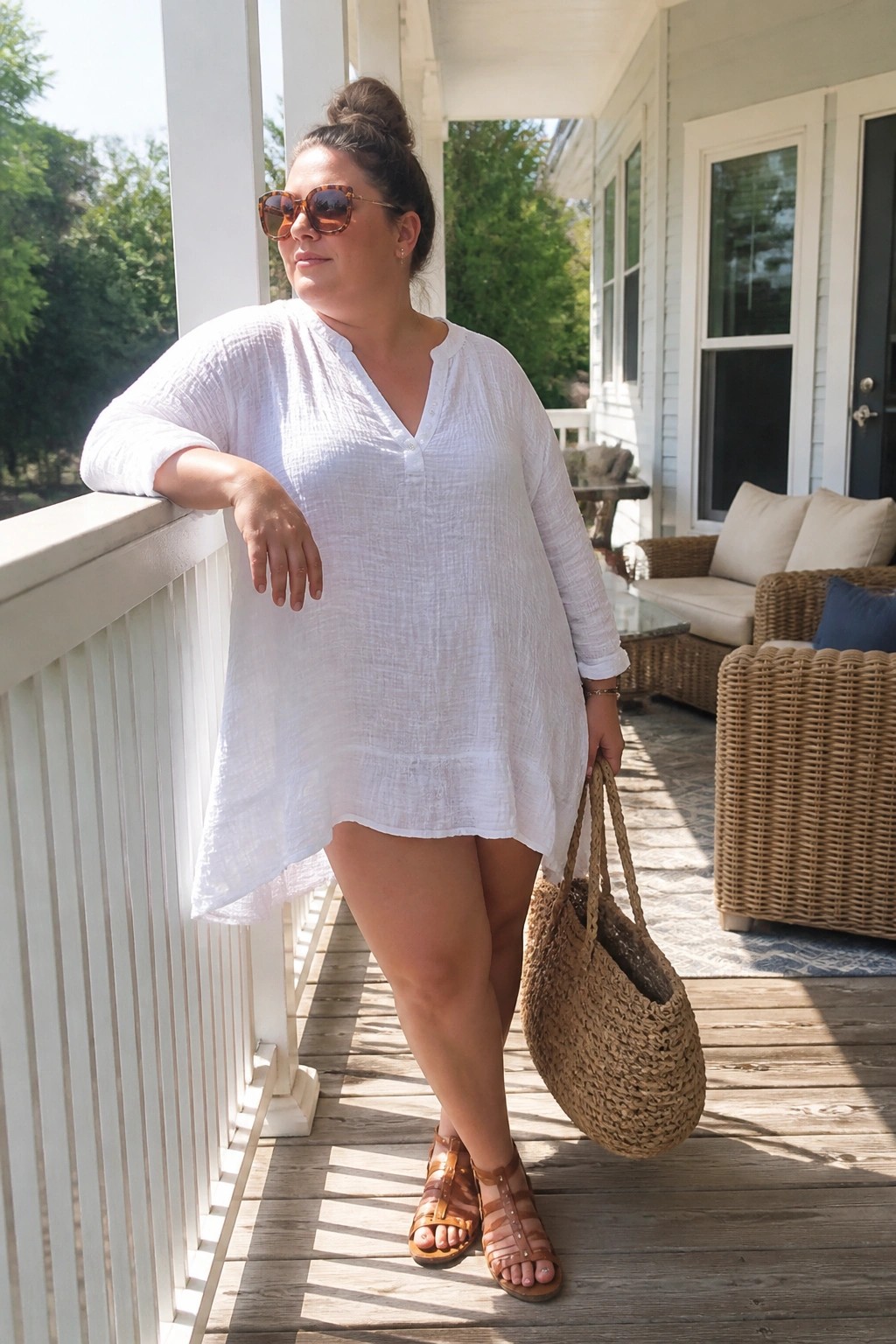 Plus size woman wearing a loose white crinkled tunic dress with three quarter sleeves and V neck buttons paired with brown strappy leather sandals and holding a woven straw tote bag on a wooden porch.