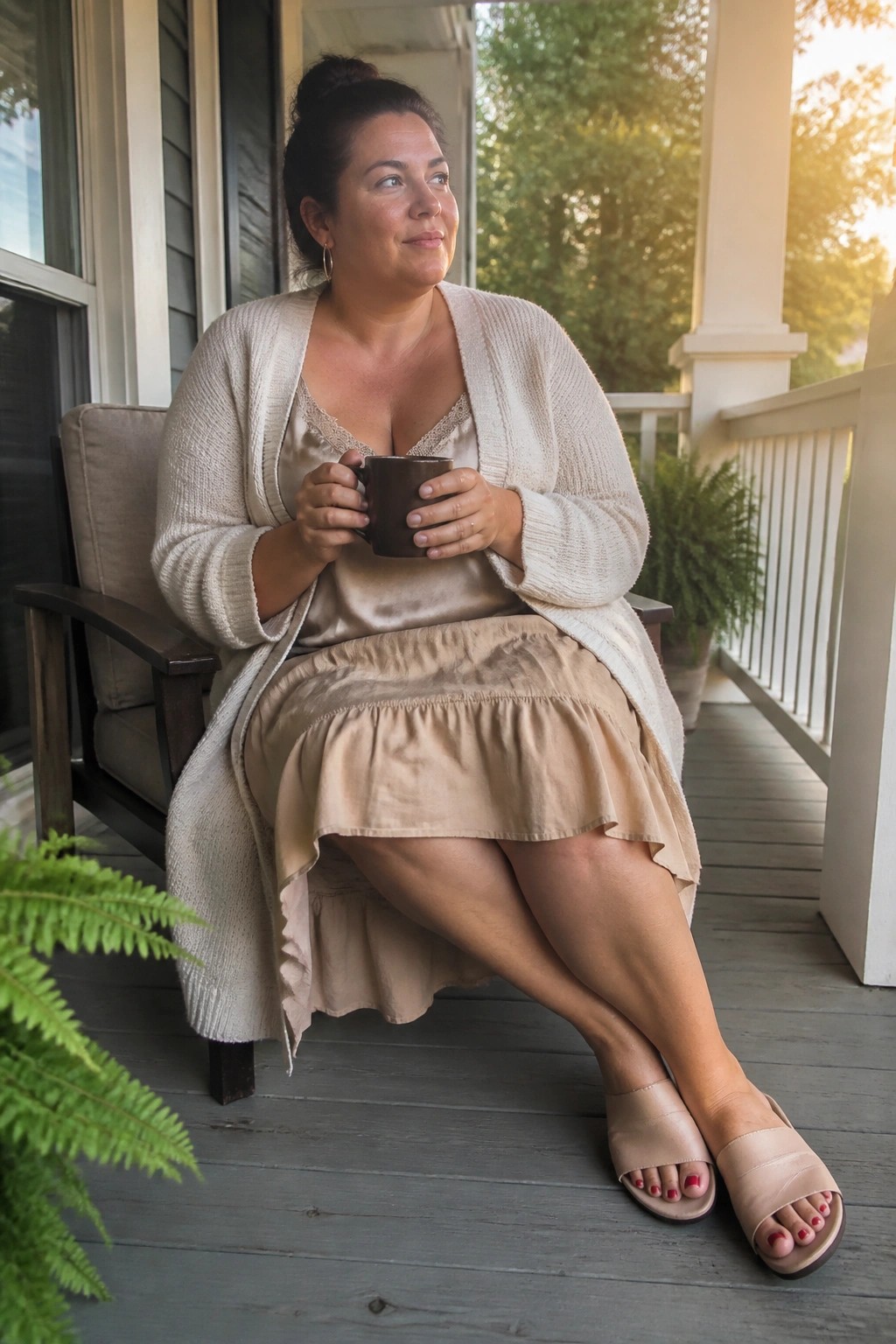 Woman seated wearing an open cream knit cardigan over a satin camisole and tiered beige skirt with matching slide sandals