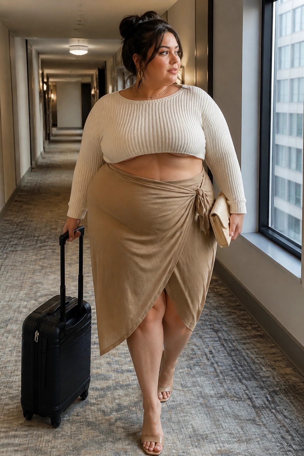 Woman in white crop top and beige wrap skirt pulling black suitcase in hotel hallway