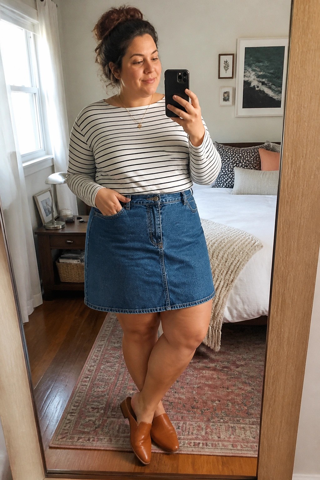 A plus size woman taking a mirror selfie wearing a black and white striped long sleeve top with a blue denim mini skirt and brown loafers.