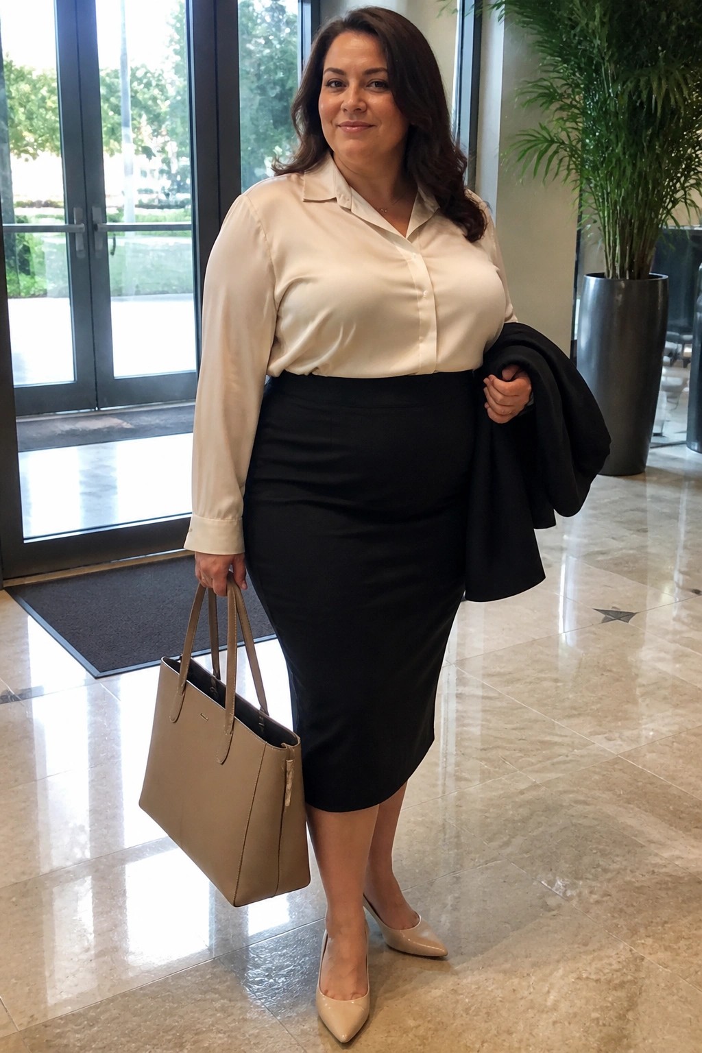 Woman in beige blouse and black skirt holding tote bag and jacket in lobby