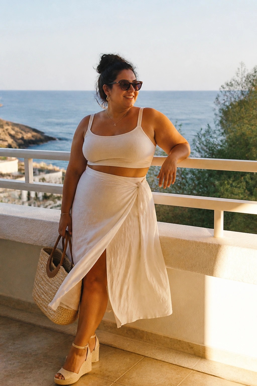 Curvy woman in white crop top and wrap skirt on ocean-view balcony with straw bag.