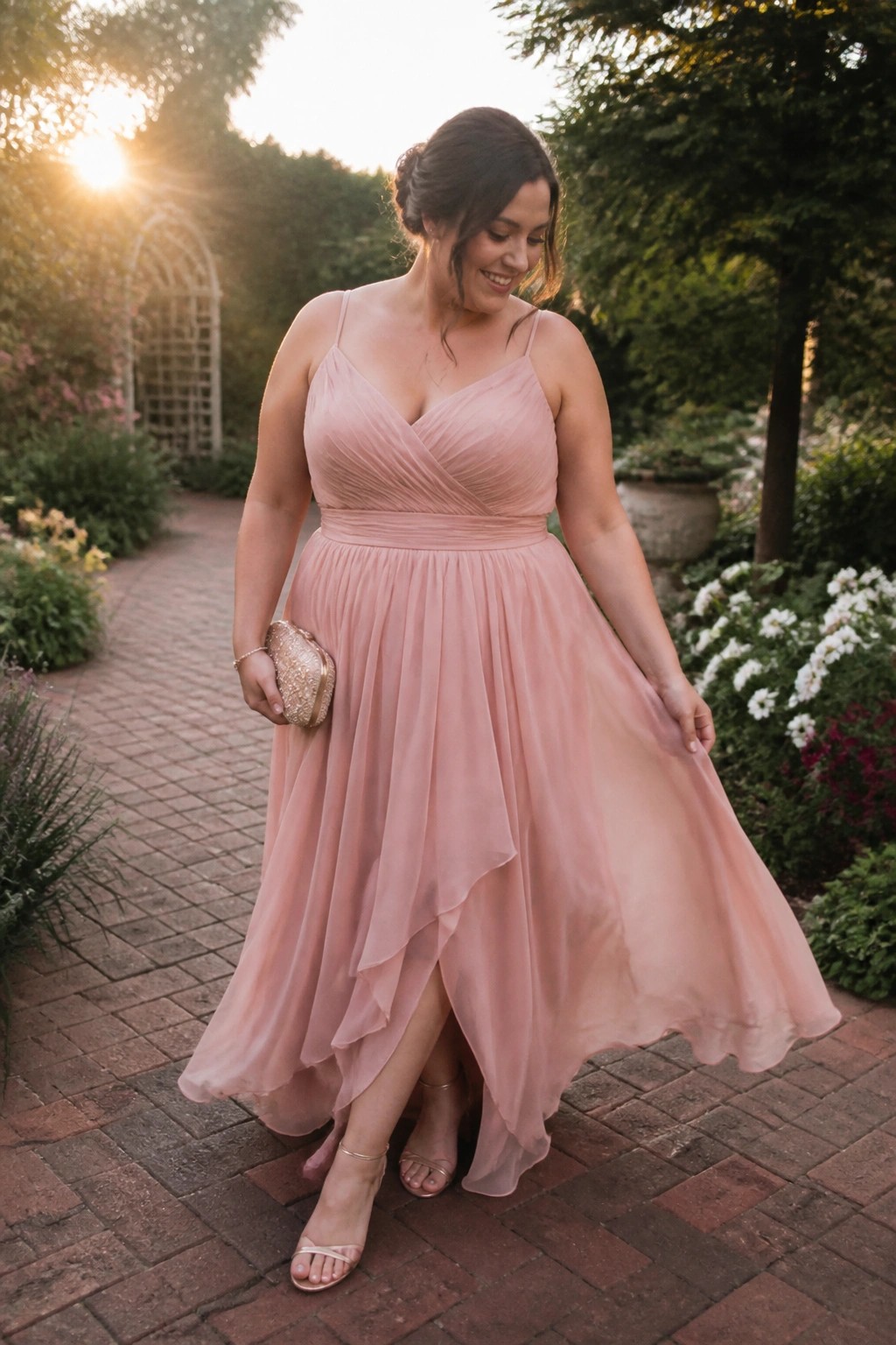 Plus size woman in blush pink chiffon spaghetti strap dress with wrapped bodice empire waist and asymmetrical hem paired with glitter clutch and strappy heels.