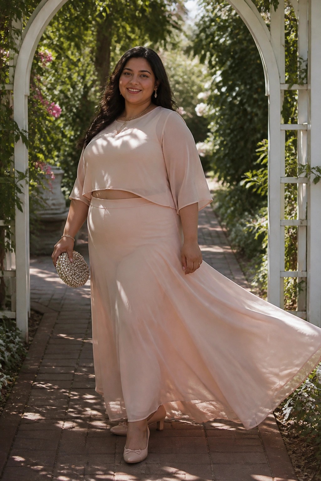 Woman in flowing blush-pink crop top and skirt holding beaded clutch in garden archway