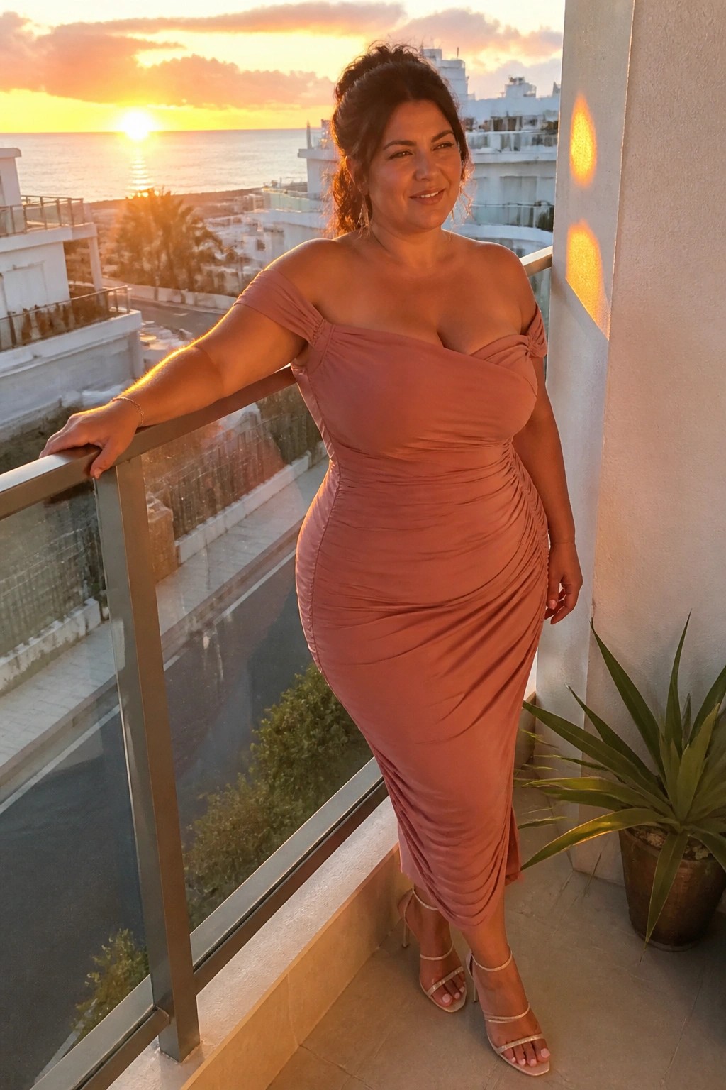 Woman in rose off-shoulder ruched dress on ocean-view sunset balcony