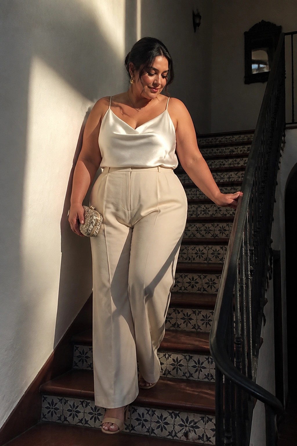 Plus size woman wearing a cream satin camisole top and matching wide leg trousers with a small clutch and nude heels on a staircase.