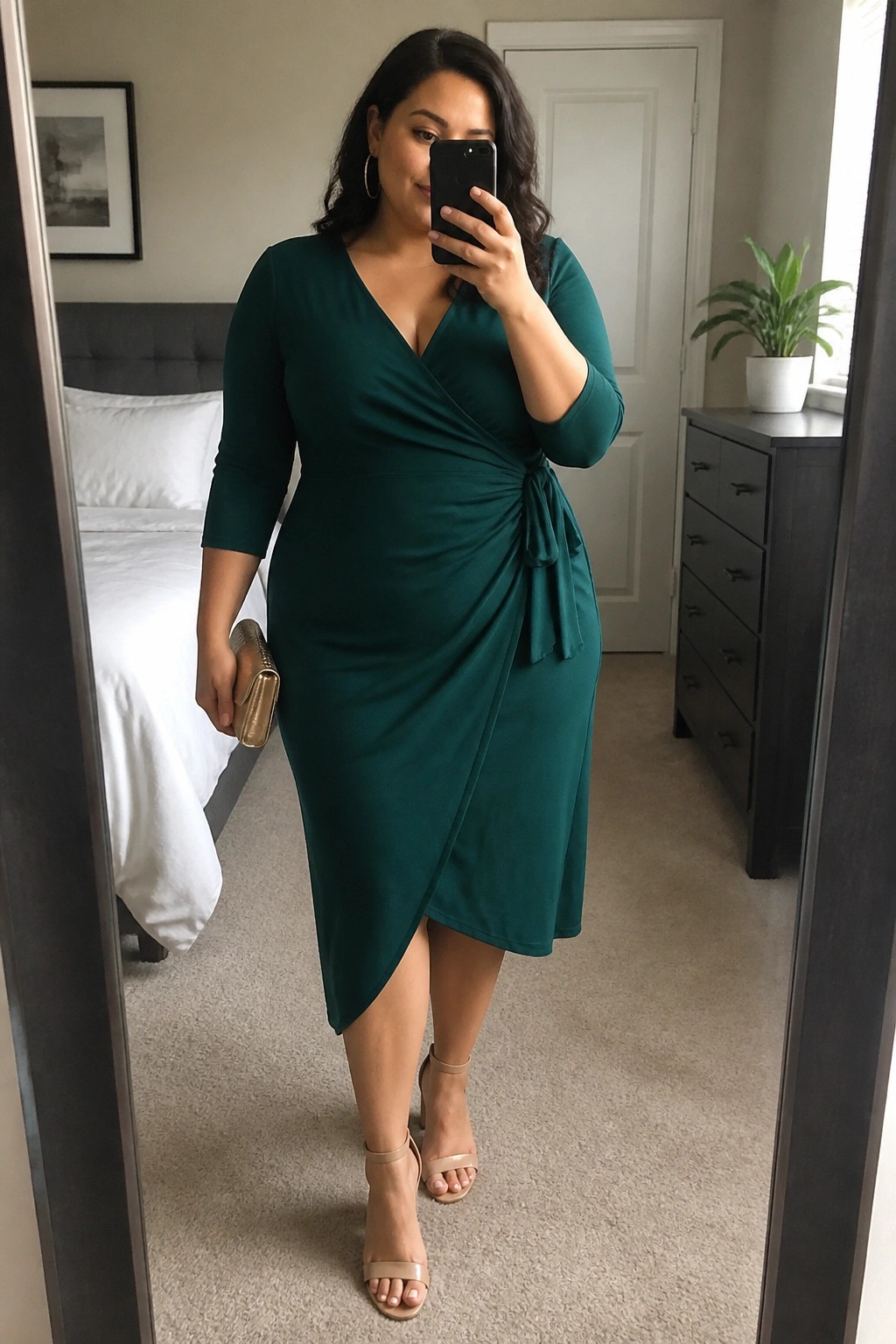 Plus size woman wearing a teal green wrap midi dress with three quarter sleeves and side tie, paired with nude block heels and a gold clutch, shown in a mirror selfie indoors.