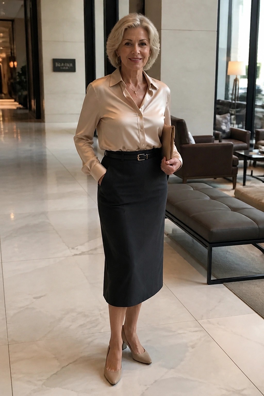 Elegant woman in beige satin blouse and black pencil skirt in modern lobby