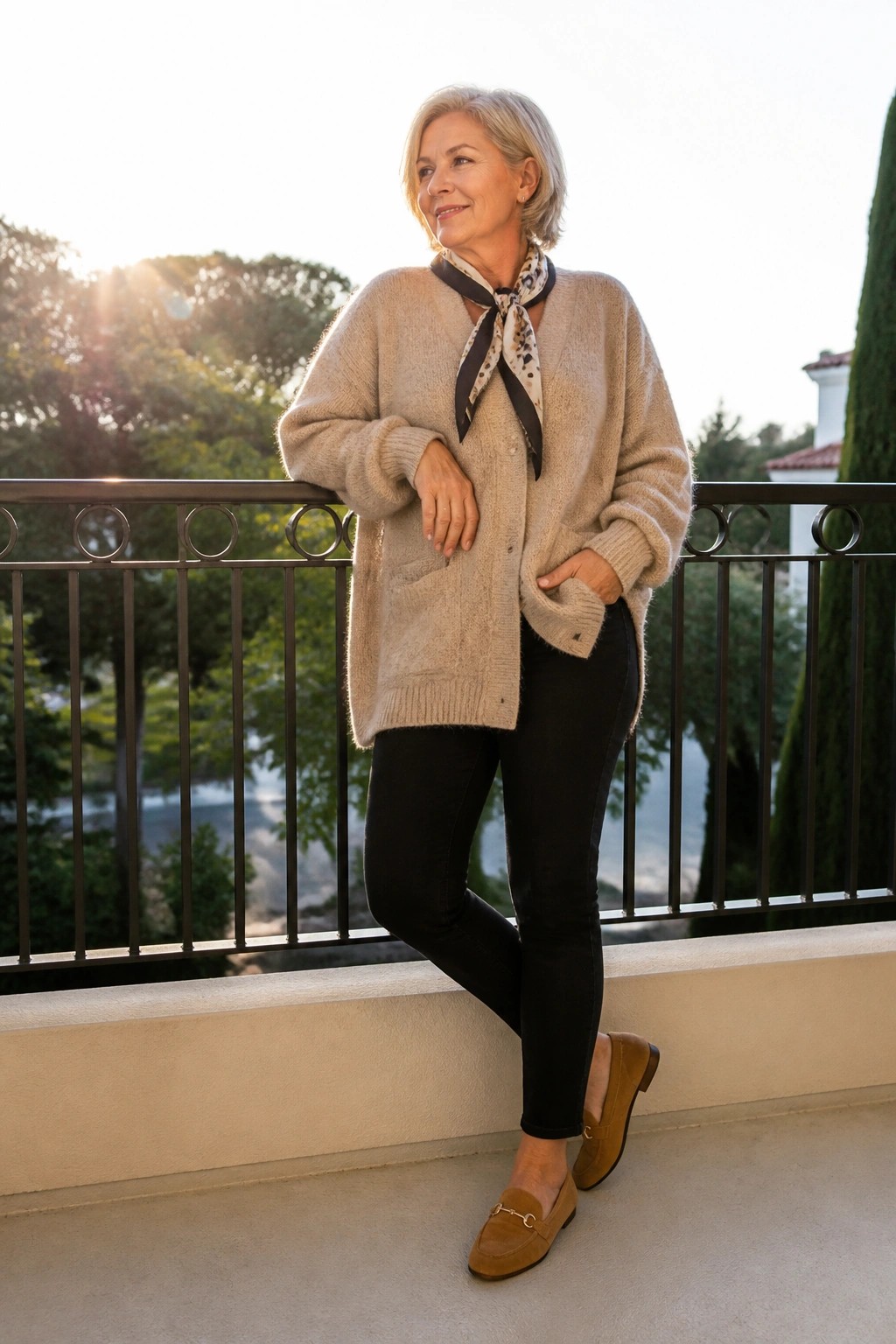 Woman over 60 in beige fuzzy cardigan, black pants, patterned neck scarf, and brown suede loafers standing on a balcony.