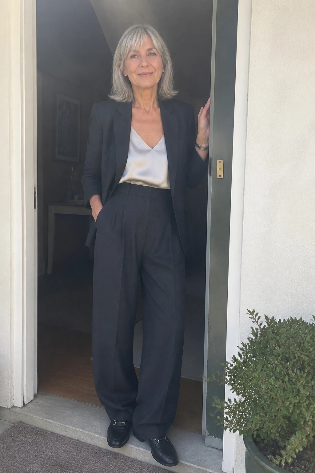 Woman over 60 in a dark tailored blazer over a white satin camisole, paired with wide leg dark trousers and black loafers, standing in a doorway.
