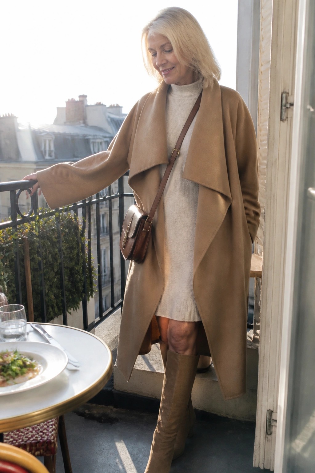 Elegant blonde woman in camel coat and beige dress on sunny Paris balcony with table.