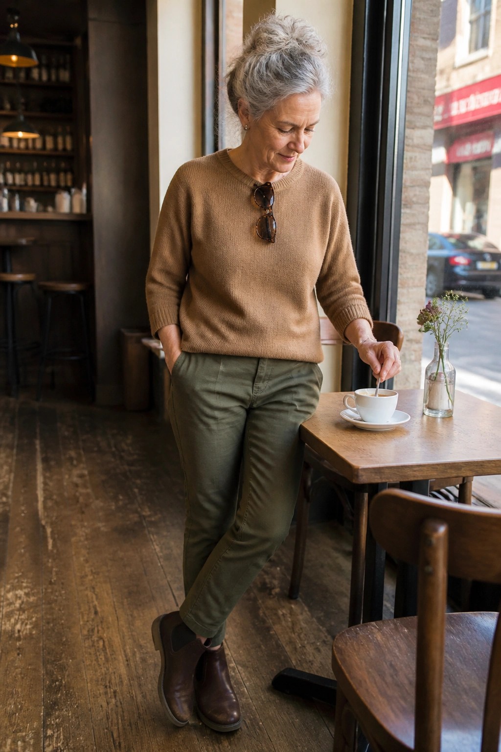 Woman over 60 in camel knit sweater tucked into olive green pants with brown leather boots standing beside a cafe table holding a coffee cup.