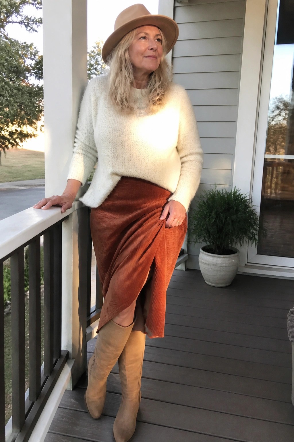 Blonde woman in cream sweater, rust skirt, and suede boots on porch.