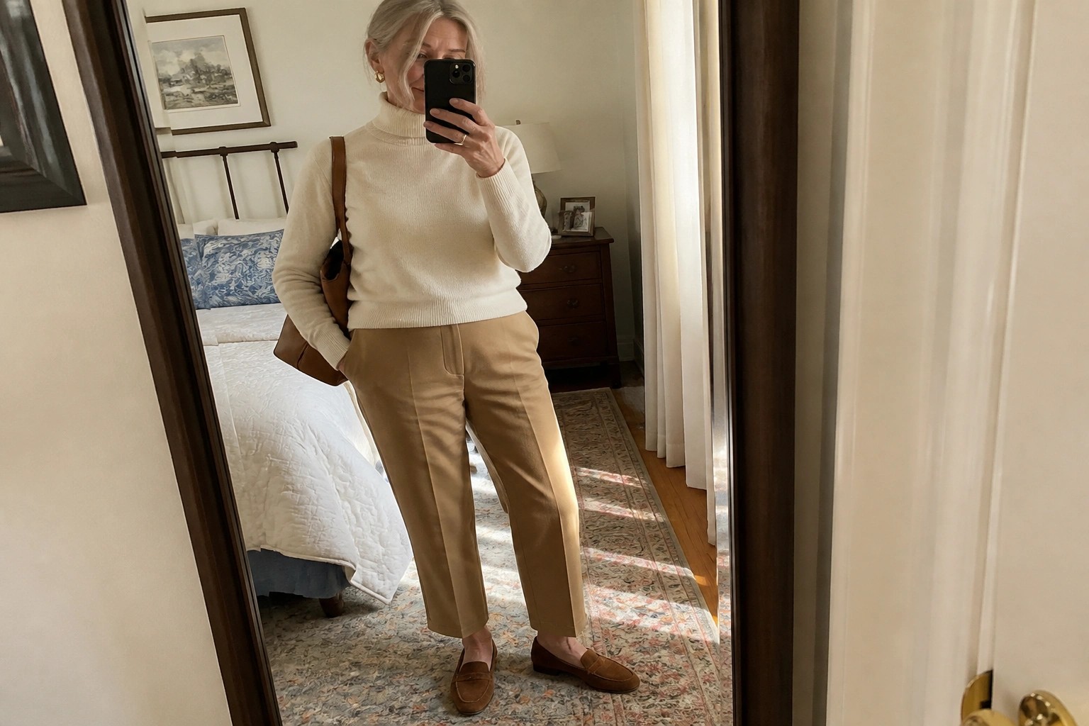 Woman in cream turtleneck sweater tucked into taupe straight-leg trousers, paired with brown suede loafers and a matching leather tote bag, shown in a full-length mirror selfie