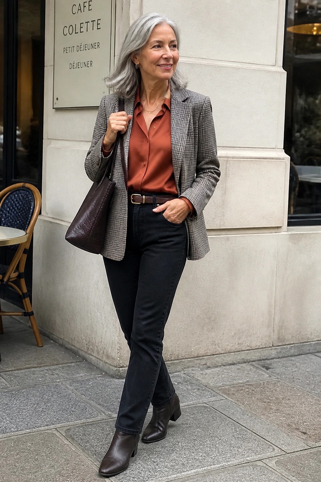 Stylish gray-haired woman in houndstooth blazer, rust blouse, and brown boots outside cafe.