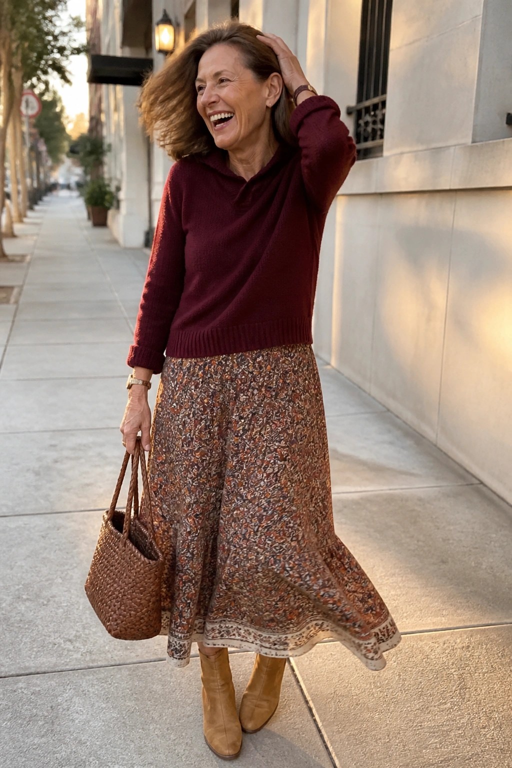 Smiling woman in maroon sweater and floral skirt holds woven bag on sidewalk