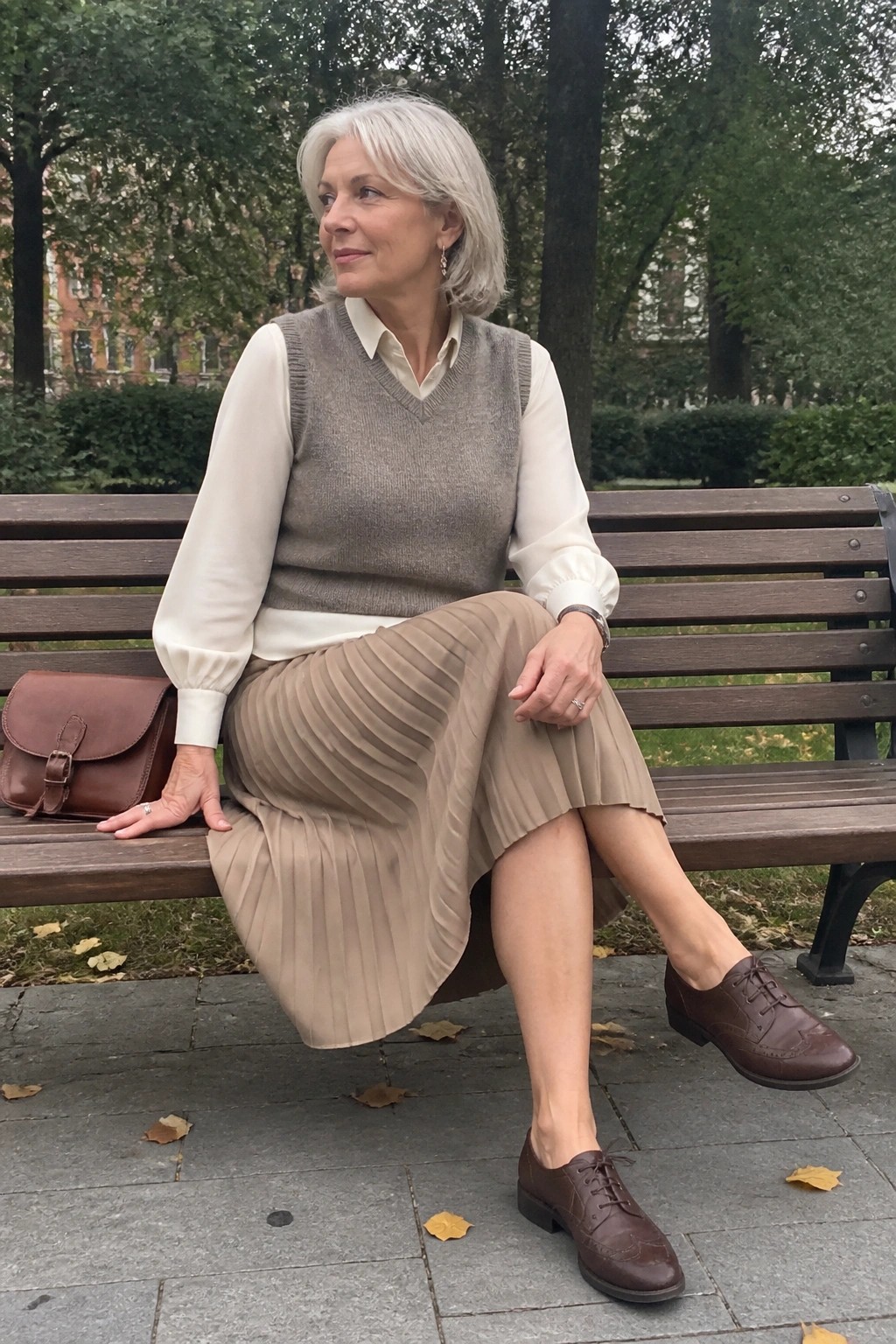 White-haired woman in beige pleated skirt and gray vest on park bench with leather bag.