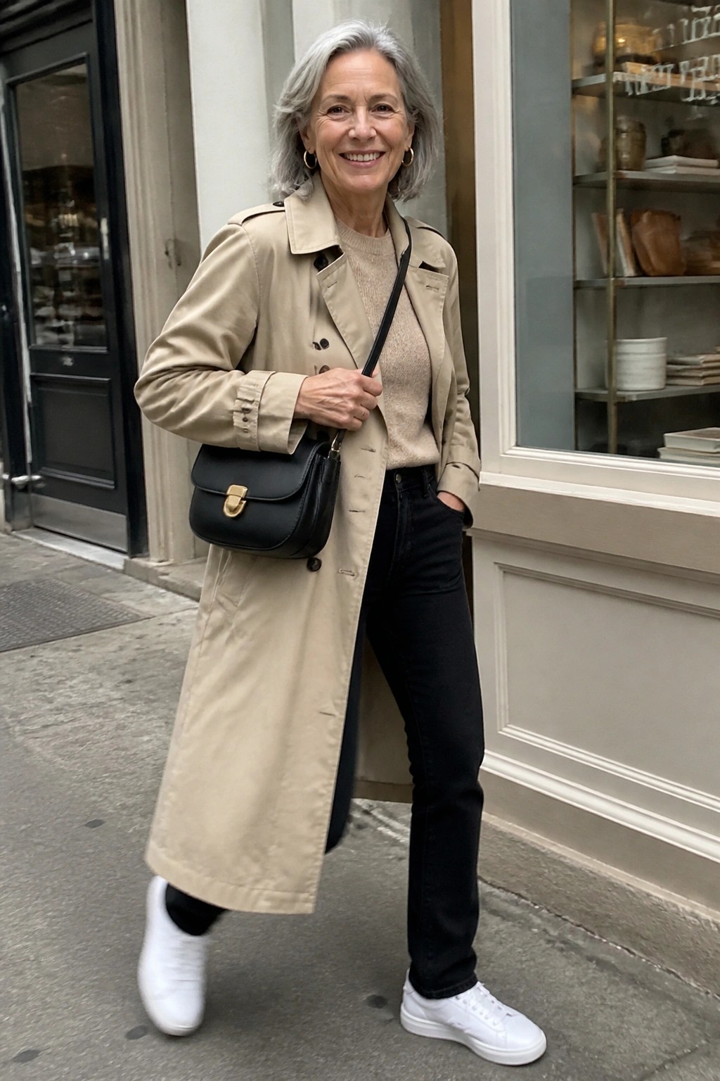 A woman over 60 in a beige trench coat over a matching sweater, black jeans, white sneakers, and a black crossbody bag with gold clasp.
