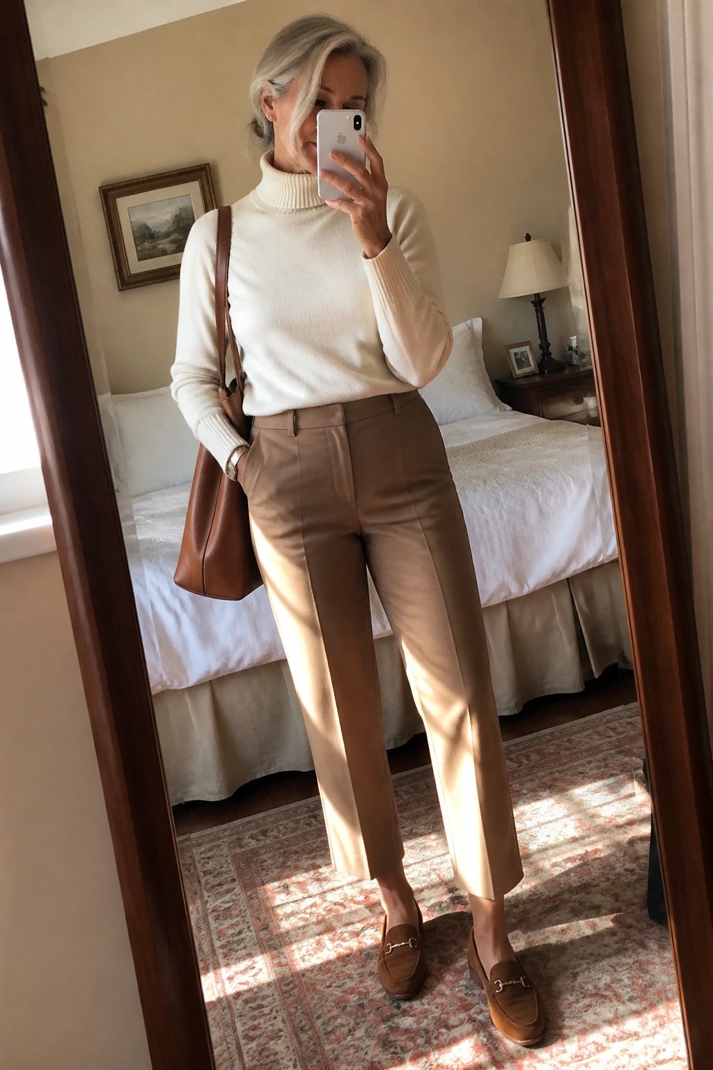 Woman in cream turtleneck sweater tucked into taupe straight-leg trousers, paired with brown suede loafers and a matching leather tote bag, shown in a full-length mirror selfie