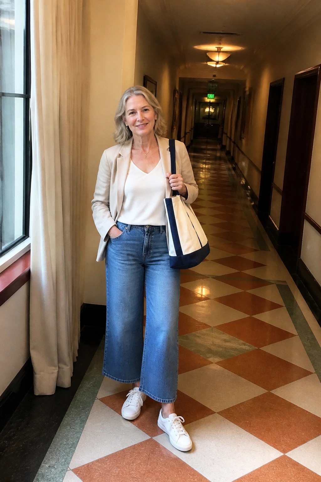 Woman in beige blazer and wide-leg jeans holding tote bag in checkered hallway