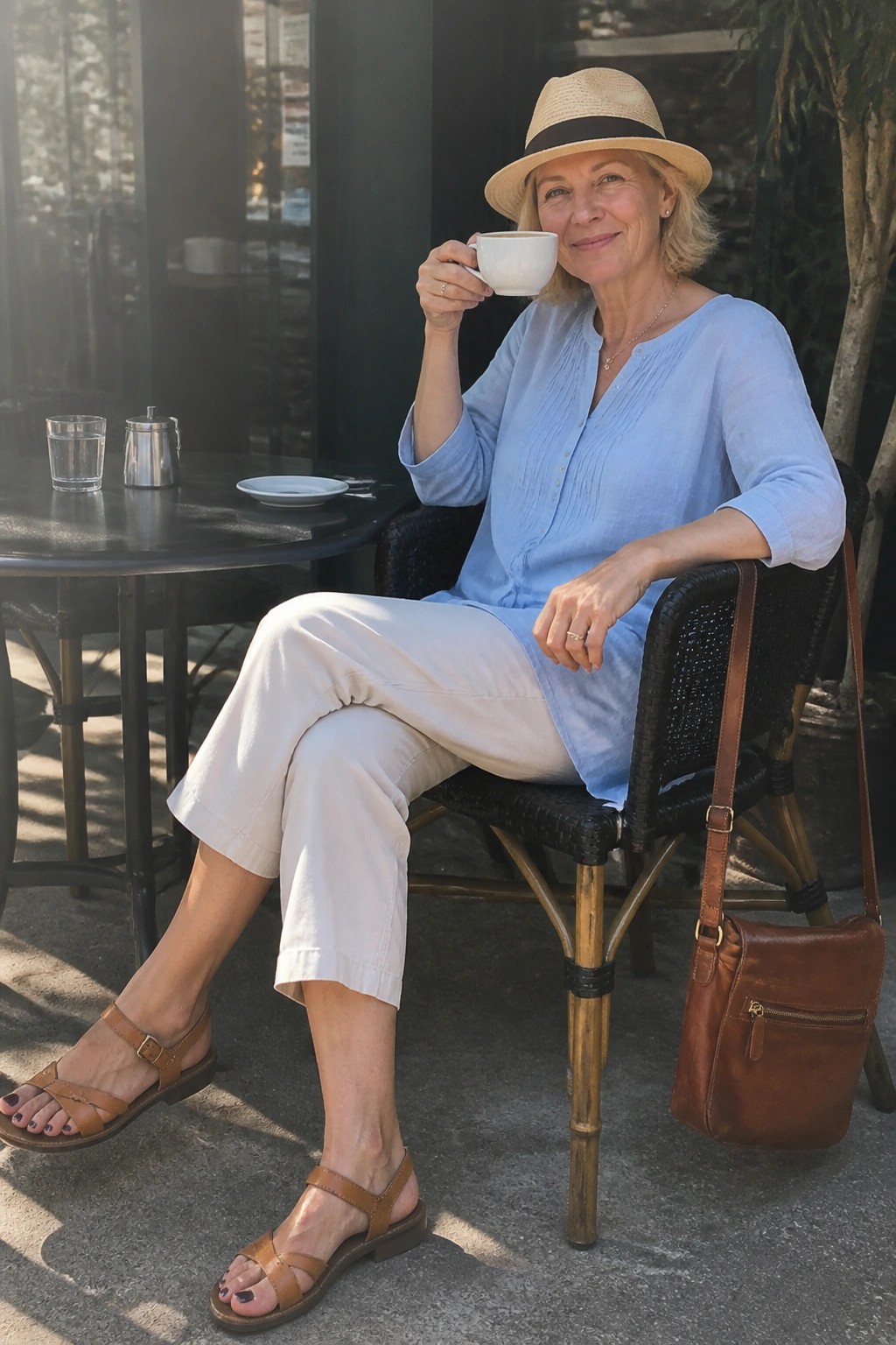 Woman in light blue blouse and straw hat sips coffee at sunny outdoor cafe