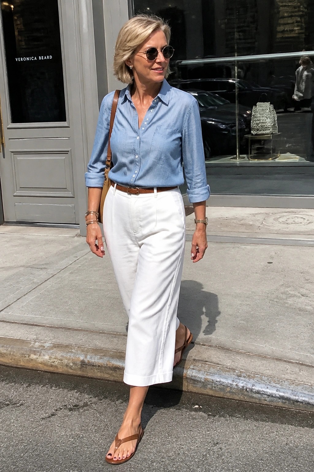 Blonde woman in blue denim shirt and white pants on city sidewalk
