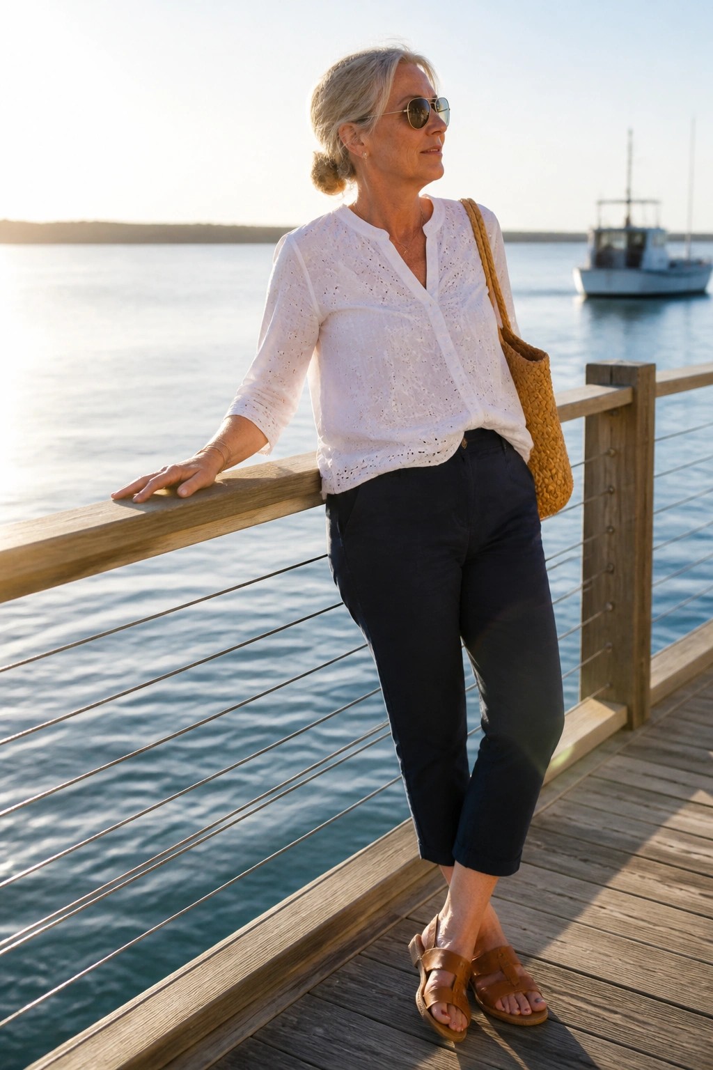 Woman in white eyelet blouse and navy pants leaning on wooden dock railing by water.