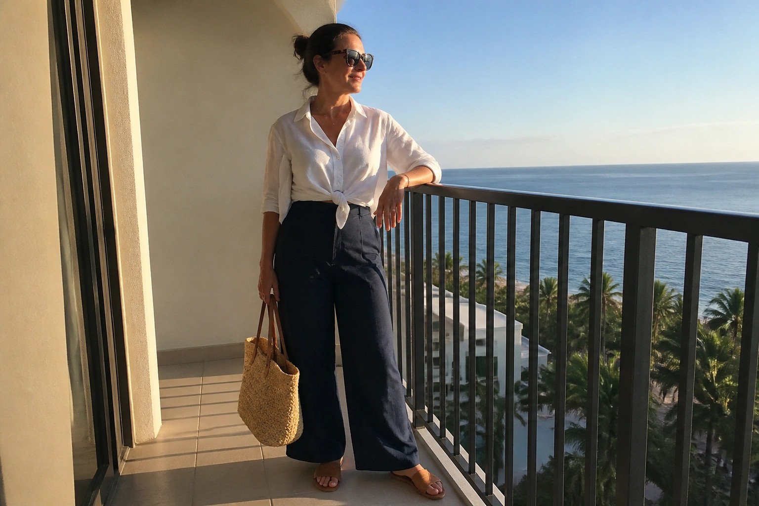 Woman wearing a white linen button-down shirt tied in a front knot at the waist paired with navy wide-leg linen pants, brown leather slide sandals, and holding a woven straw tote bag.