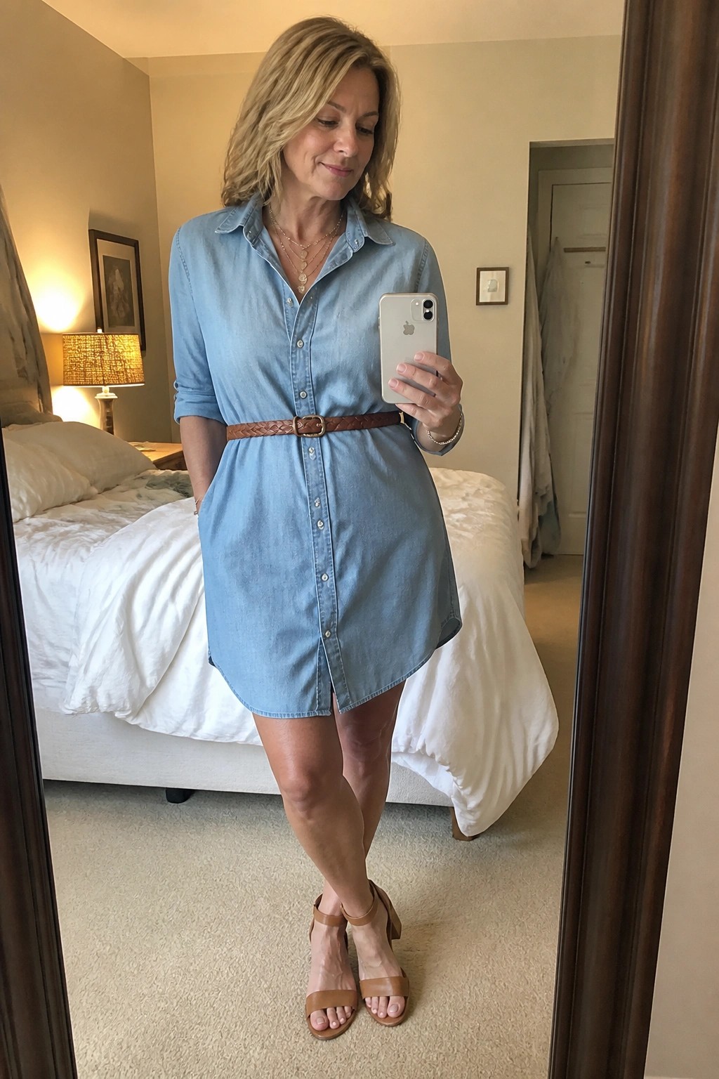 Woman in light blue denim shirt dress with brown belt taking bedroom mirror selfie