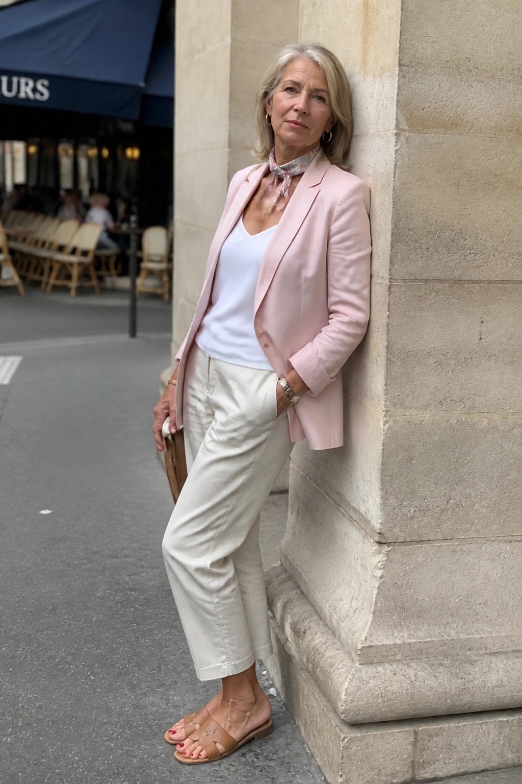 Woman in pink blazer and white pants leaning on stone wall outside cafe