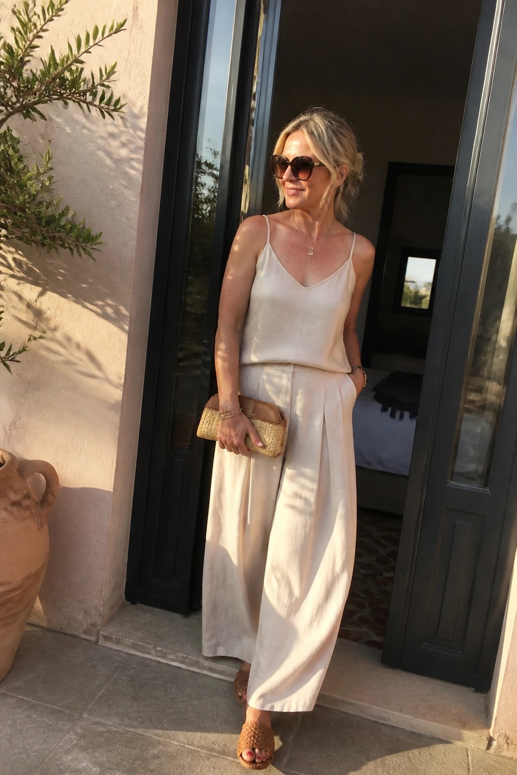 A woman in a cream camisole and matching wide-leg pants holds a woven clutch while wearing brown slide sandals and sunglasses.