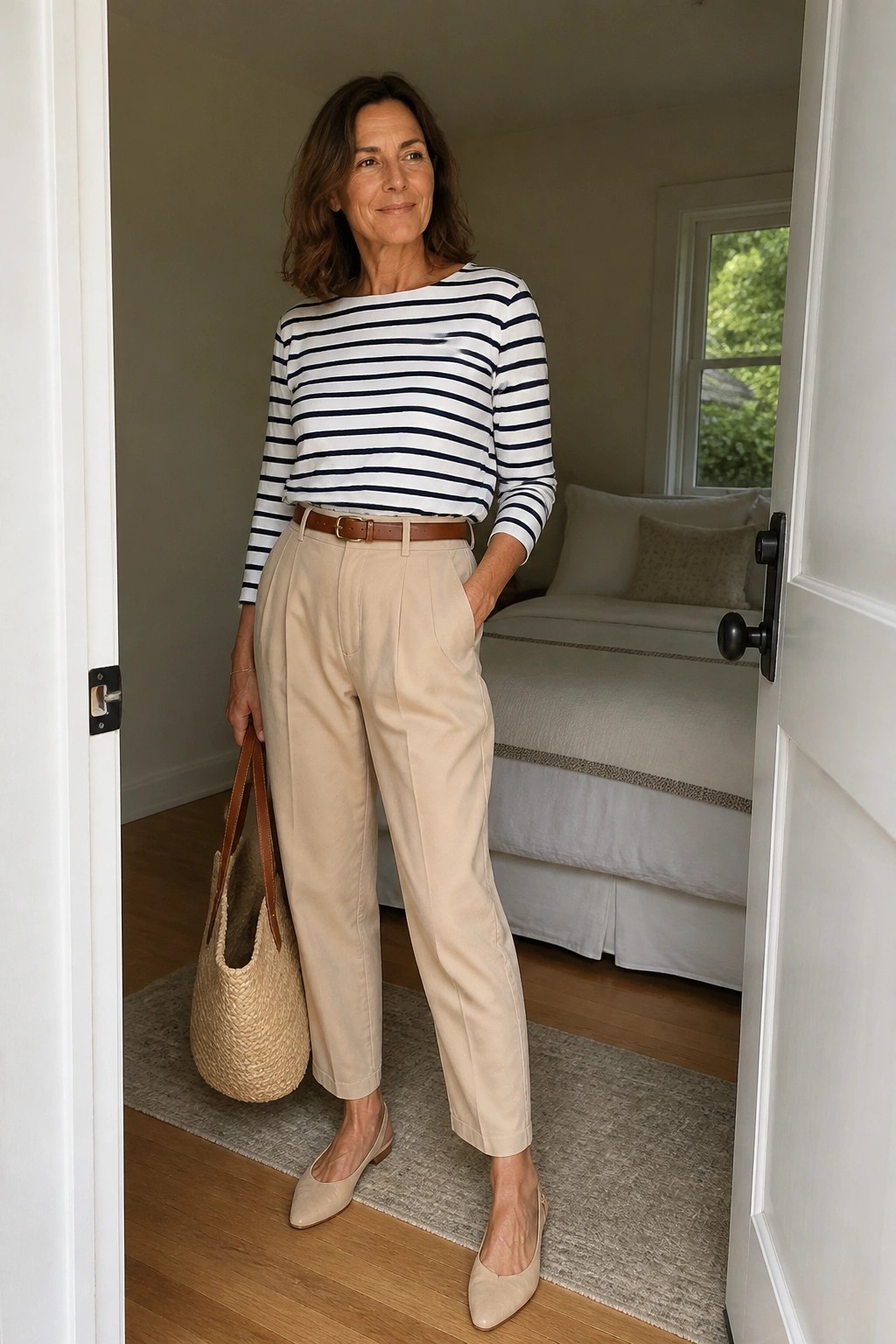 Woman in striped shirt and beige pants holding straw bag in bedroom doorway.