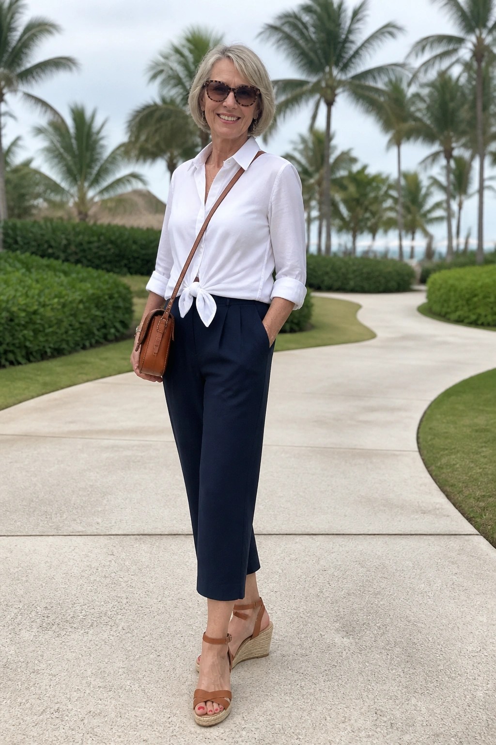 Woman over 50 wearing a white button down shirt tied at the waist with navy cropped trousers, brown crossbody bag, and brown wedge sandals.