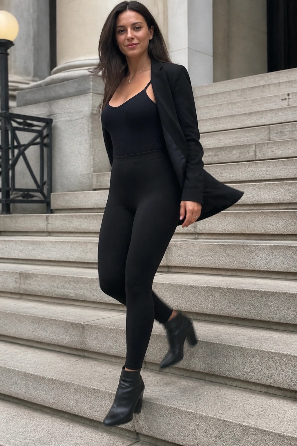 Woman standing on stone steps wearing black ribbed bodysuit, open black blazer, black leggings, and black ankle boots in a monochrome elevated casual style.