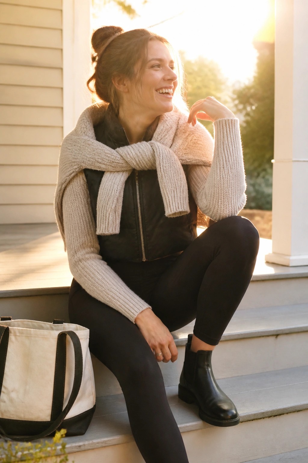 Woman in black leggings, cream oversized knit sweater layered over black puffy vest, cream knit scarf, and black Chelsea boots sitting casually on porch steps with a canvas tote nearby.