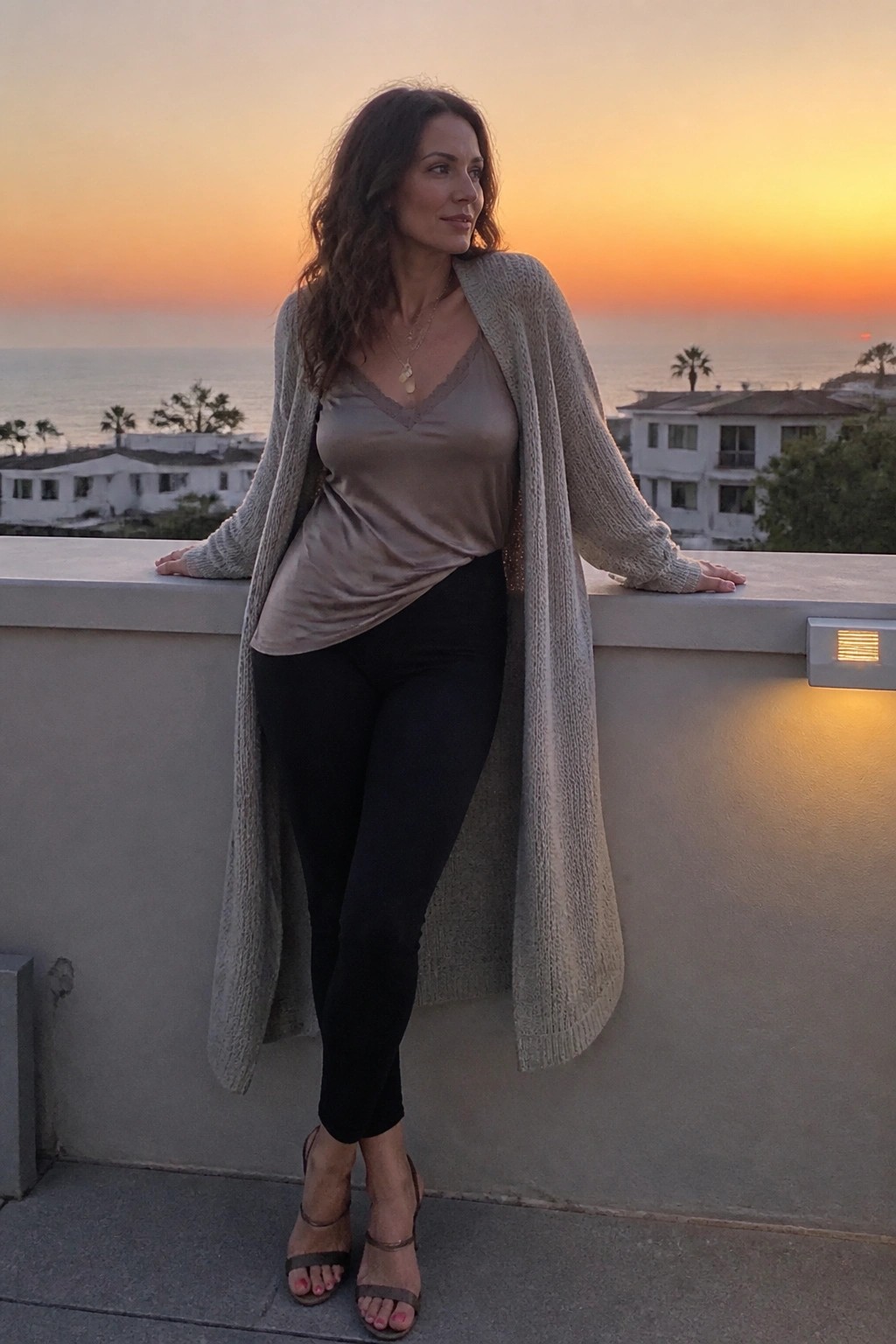Woman wearing black leggings, taupe satin camisole with lace trim, long beige open knit cardigan, strappy brown heels, and layered gold necklaces standing on a balcony.