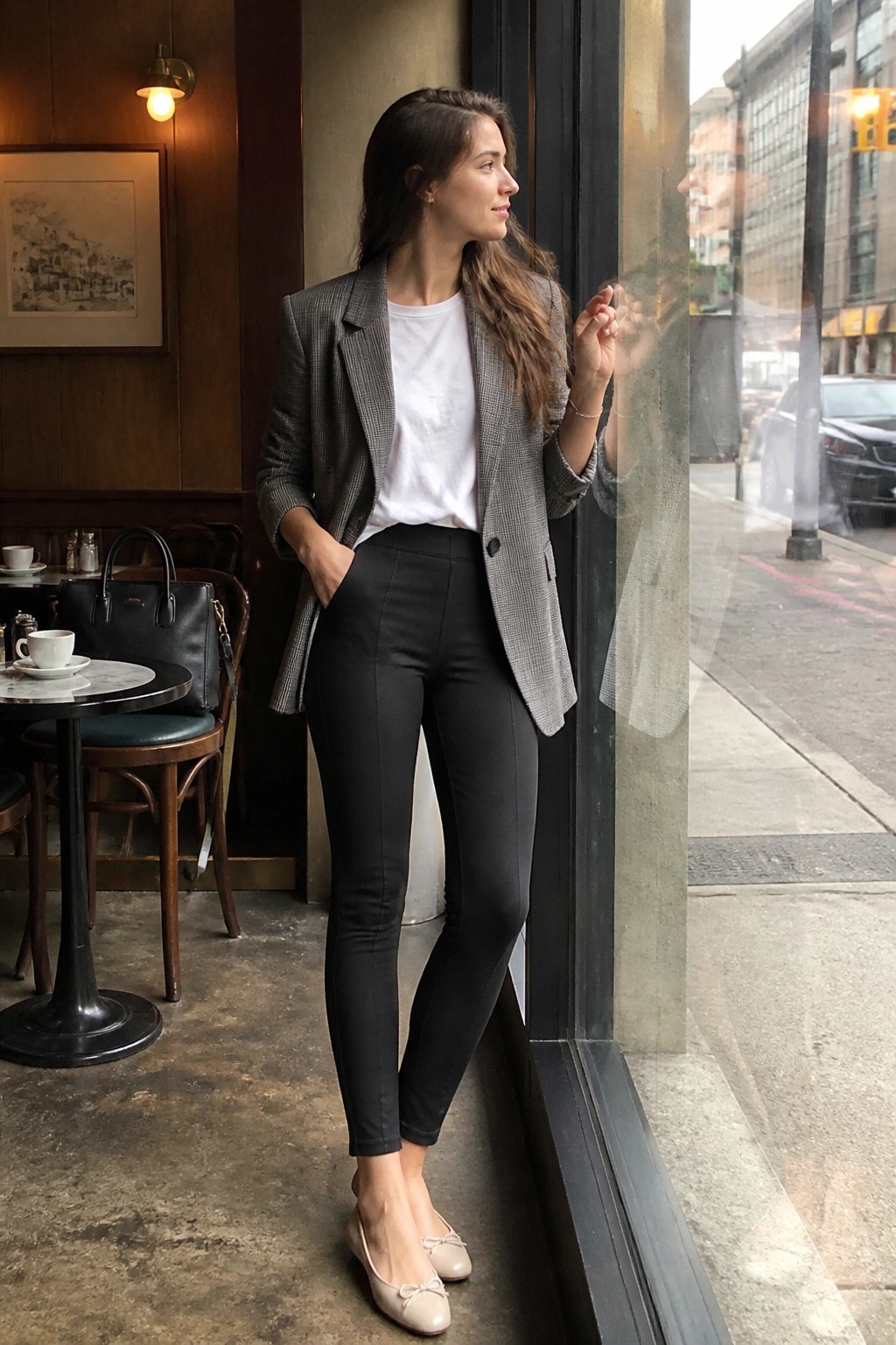 Woman wearing black coated leggings, white t-shirt, grey plaid blazer, and beige ballet flats with a black handbag nearby.