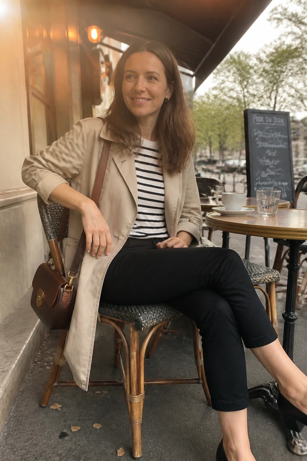 Woman in beige trench coat and striped shirt at outdoor cafe with coffee and handbag