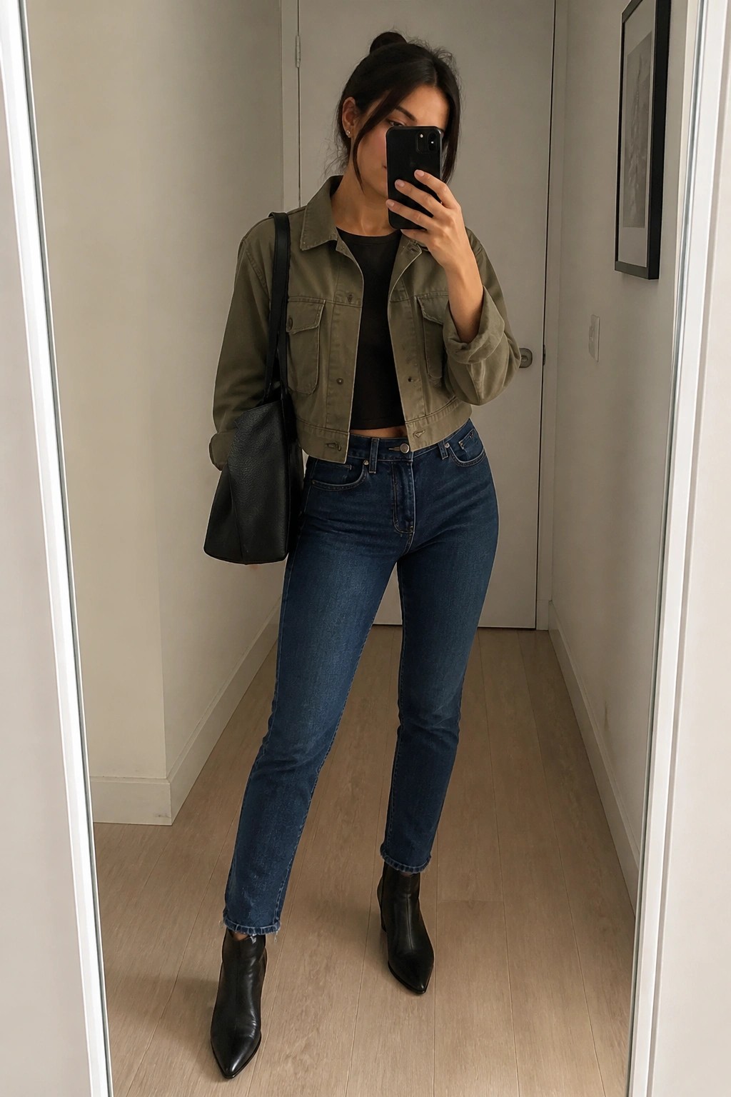Woman in olive jacket and jeans taking mirror selfie with black bag.