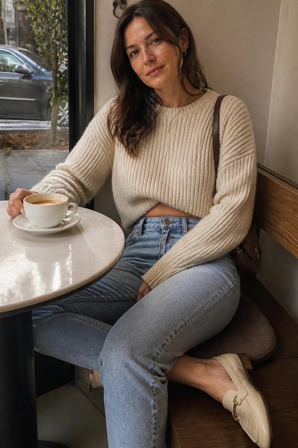 Woman in cream cropped sweater and jeans at marble cafe table with coffee