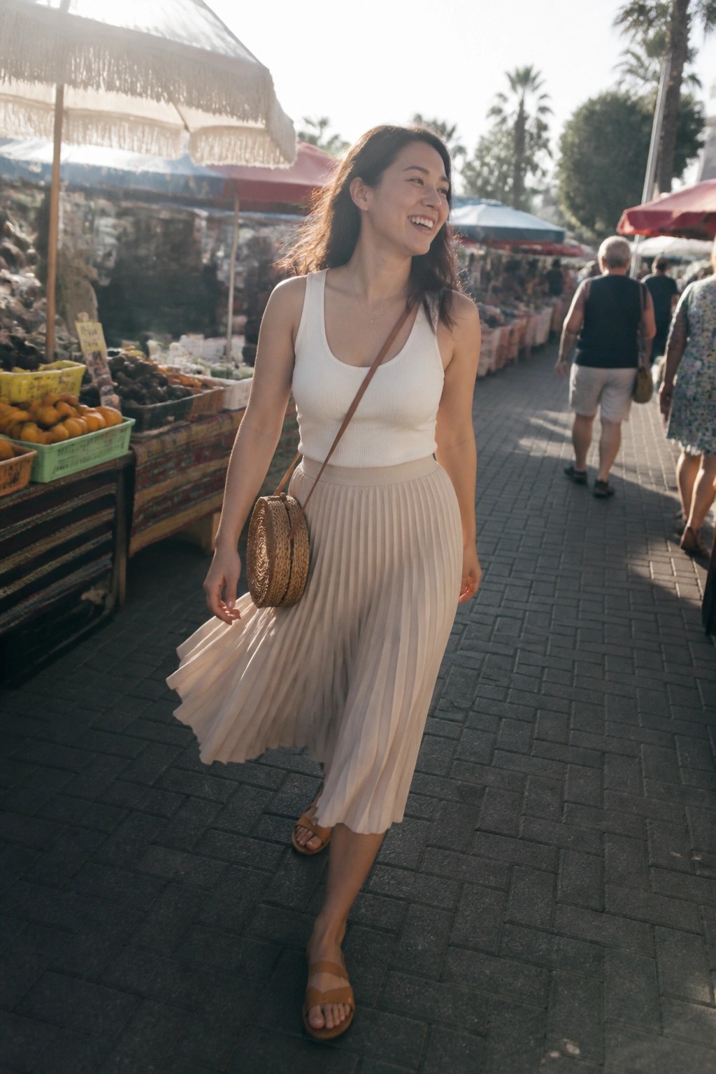 Smiling woman in white tank top and beige pleated skirt at sunny market