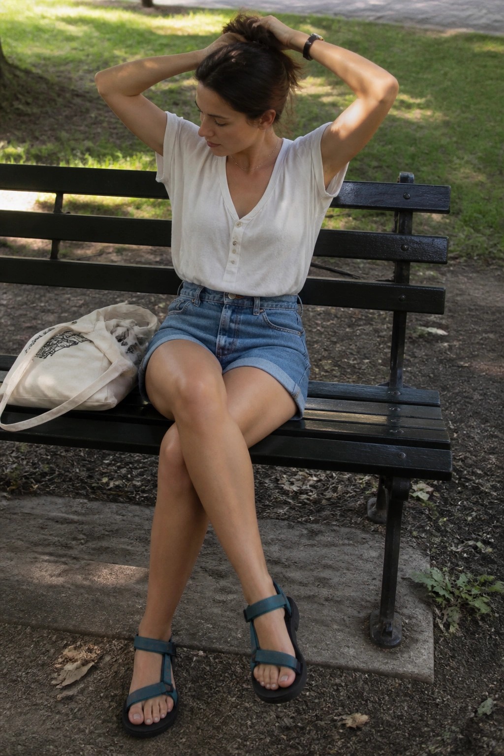 Woman adjusts hair on black bench in white top, denim shorts with tote bag.