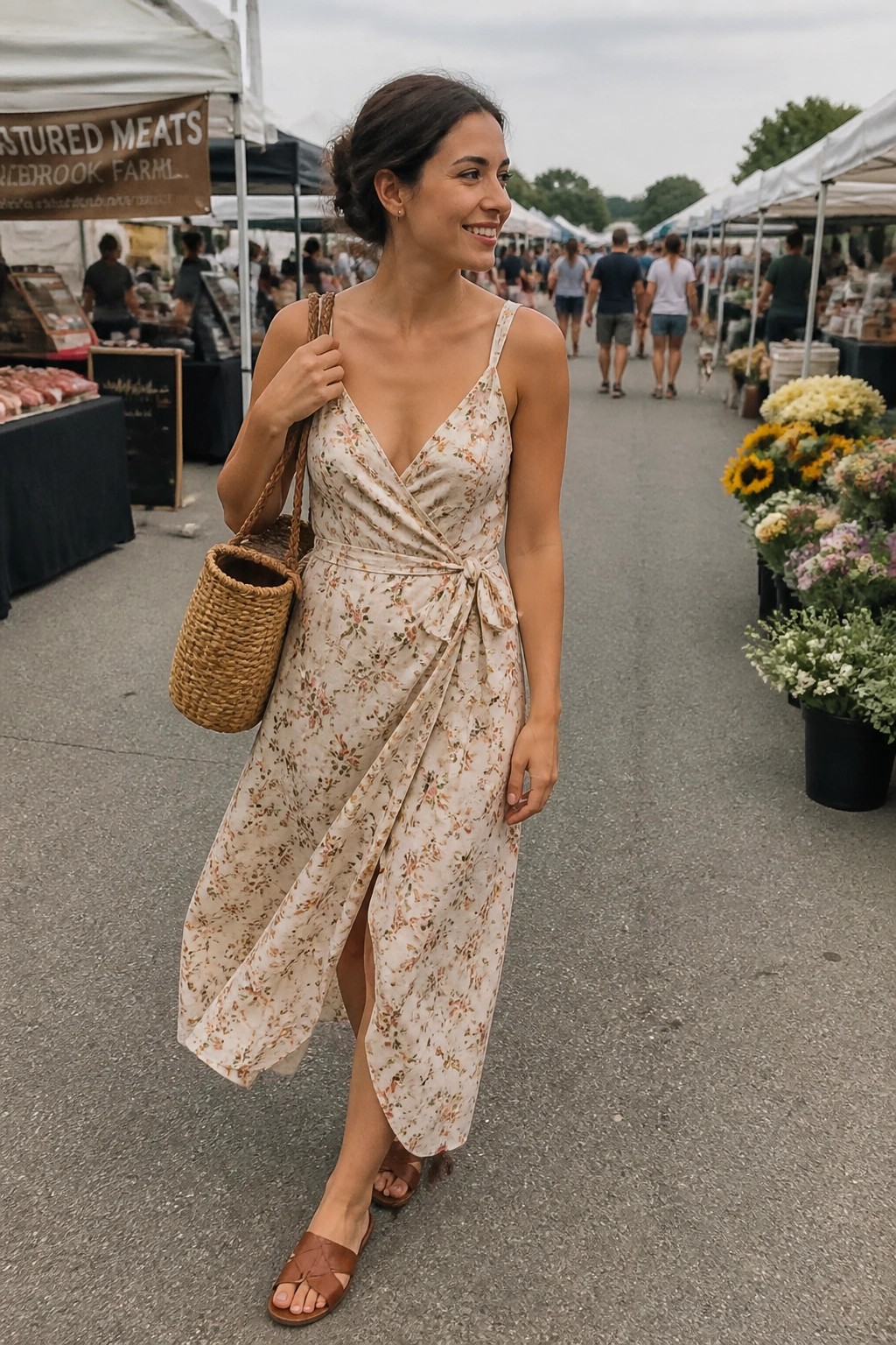 Woman wearing a beige floral wrap midi dress with thin straps and side tie, carrying a round woven straw bag, paired with brown leather slide sandals.