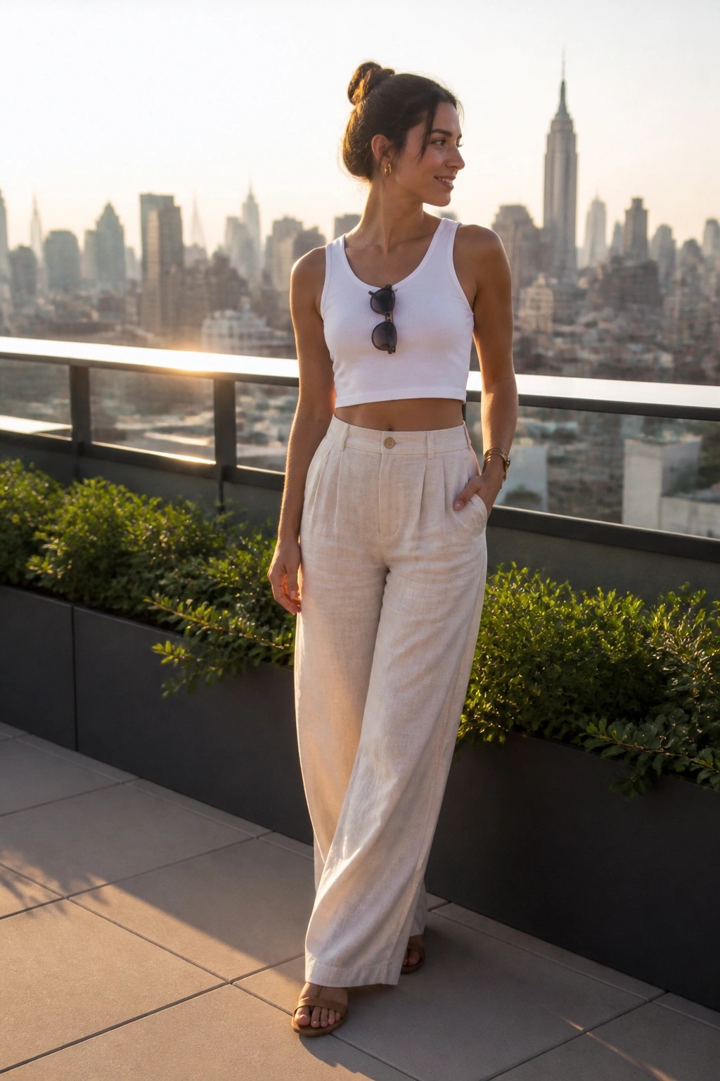 Woman in white crop top and beige linen pants on NYC rooftop at sunset