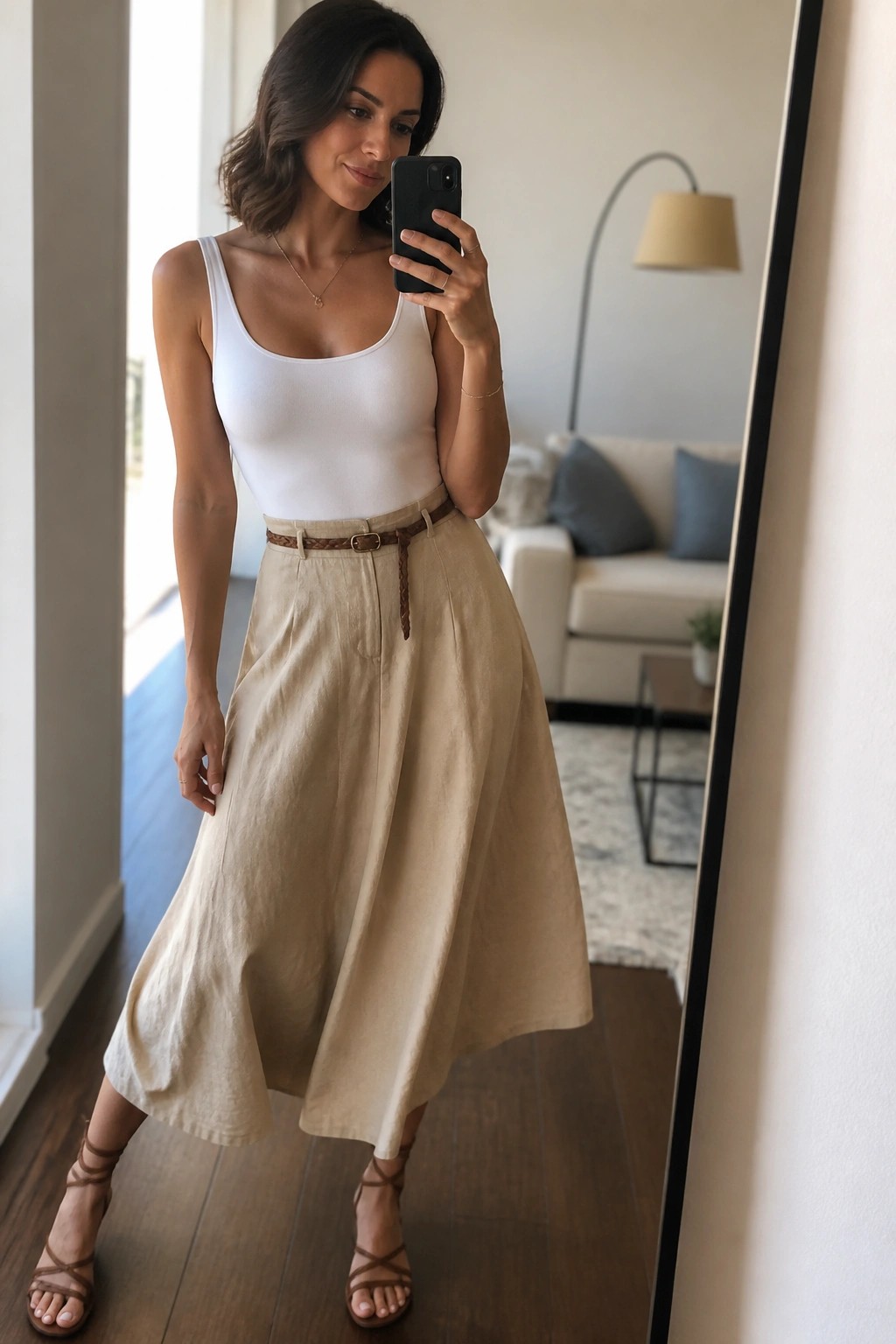 Woman in white top and beige skirt taking mirror selfie with phone